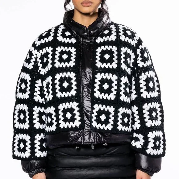 Miz Puffer Crochet: Detachable Contrast Knit Cardigan Vinyl Winter Coat L XL - Picture 8 of 17